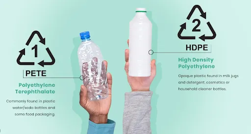 Side by side comparison of HDPE and PET bottles showing clarity, structure, and use case differences